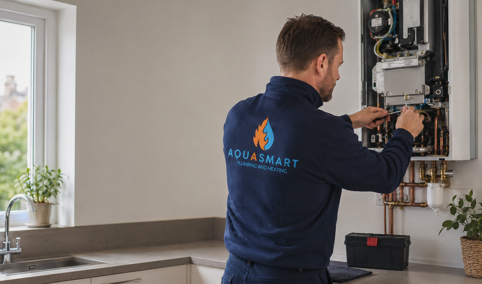 Gas Safe registered engineer completing a wall mounted combi boiler installation with copper pipework